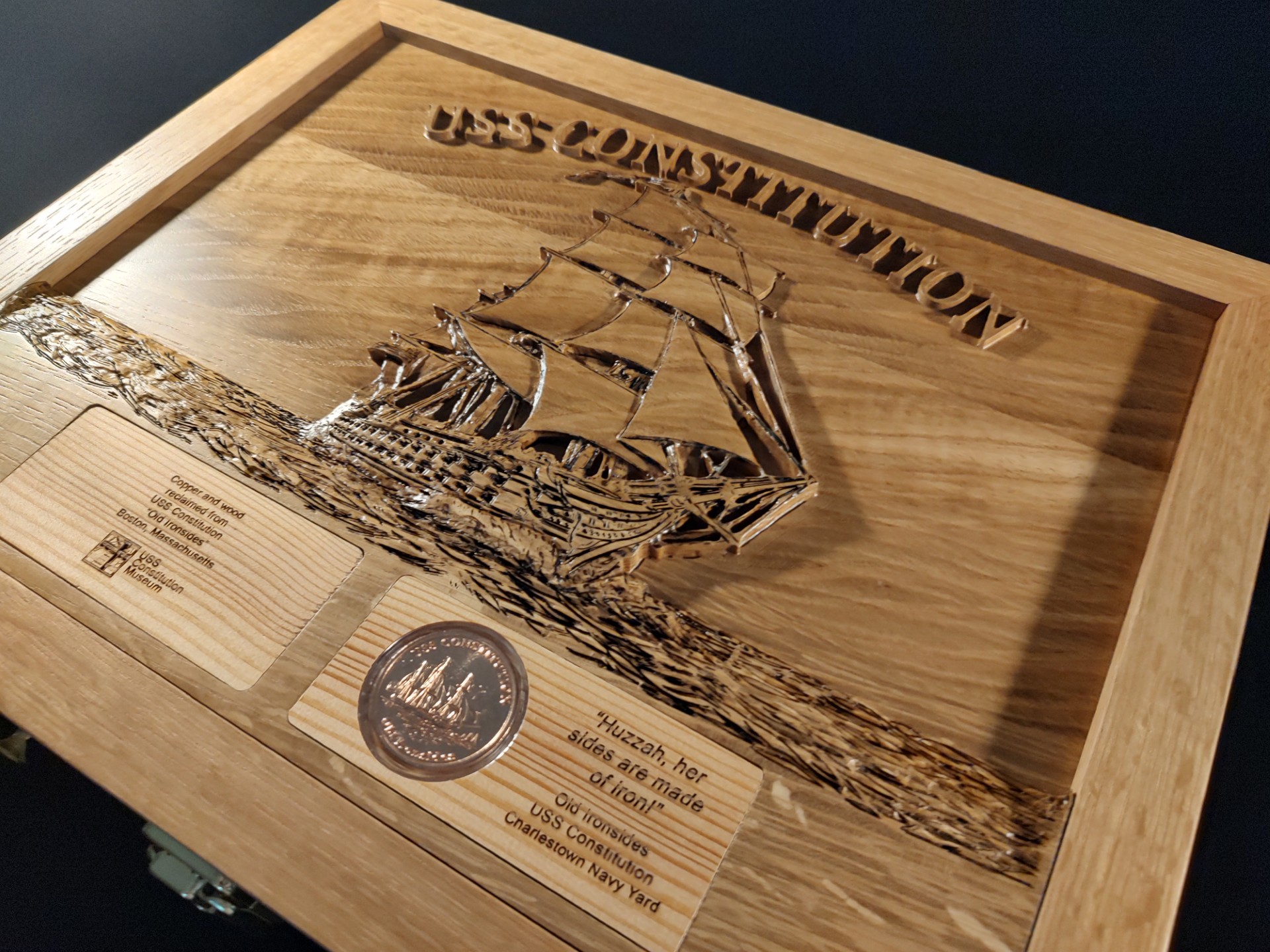 Finished USS Constitution Legacy Chest carved exterior by Glenn A. Dean Jr.