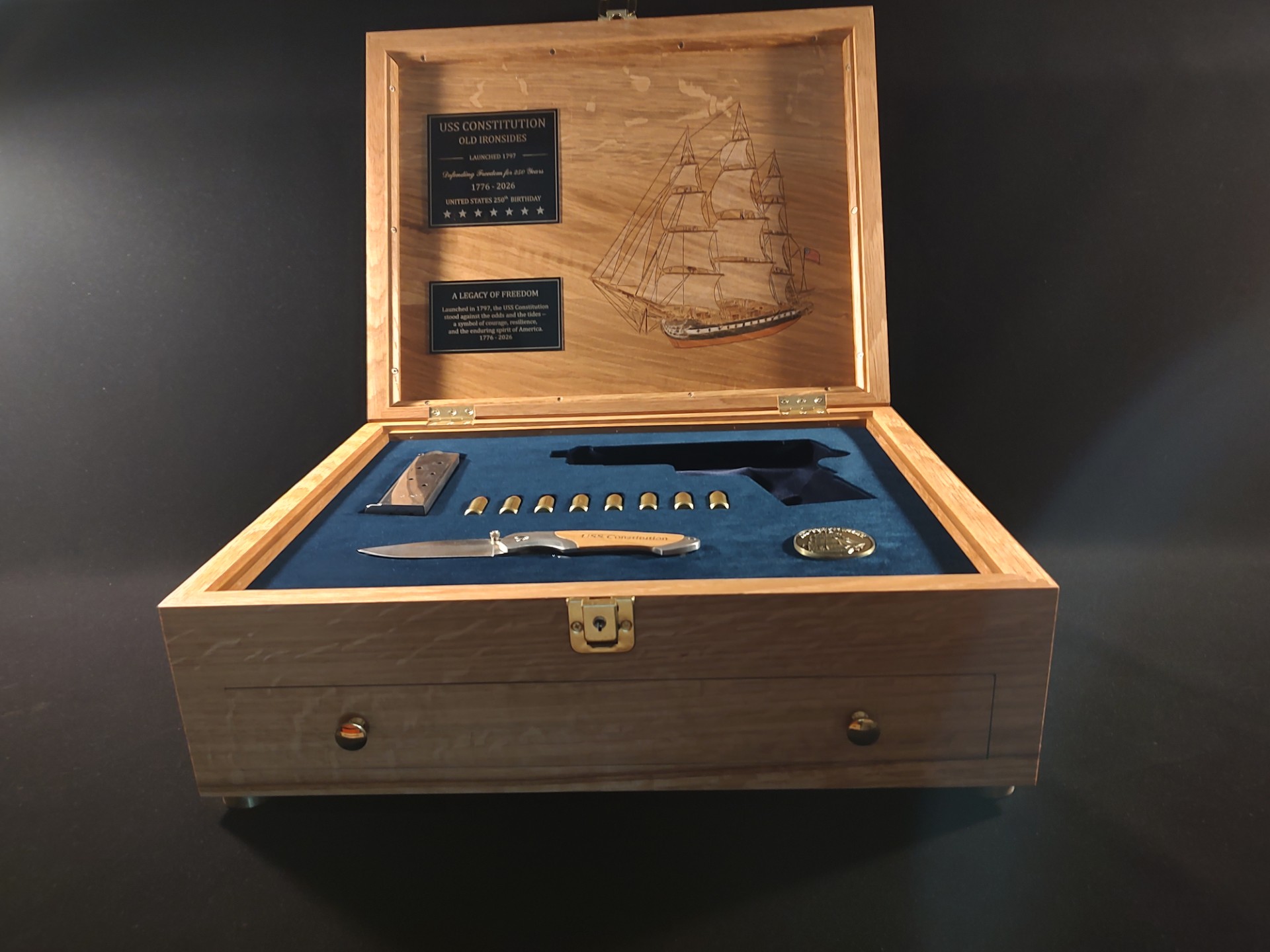 Finished USS Constitution Legacy Chest open with fitted blue display and inner lid