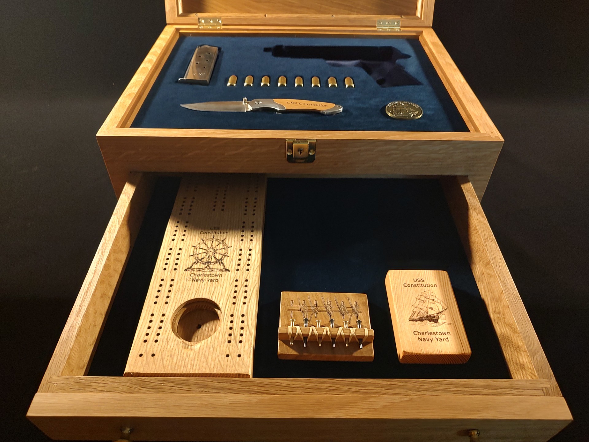 Finished USS Constitution Legacy Chest showing the fitted display and open lower drawer